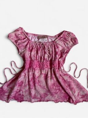 Vintage Y2K Pink Tie-Dye Crochet Waist Boho Peasant Top